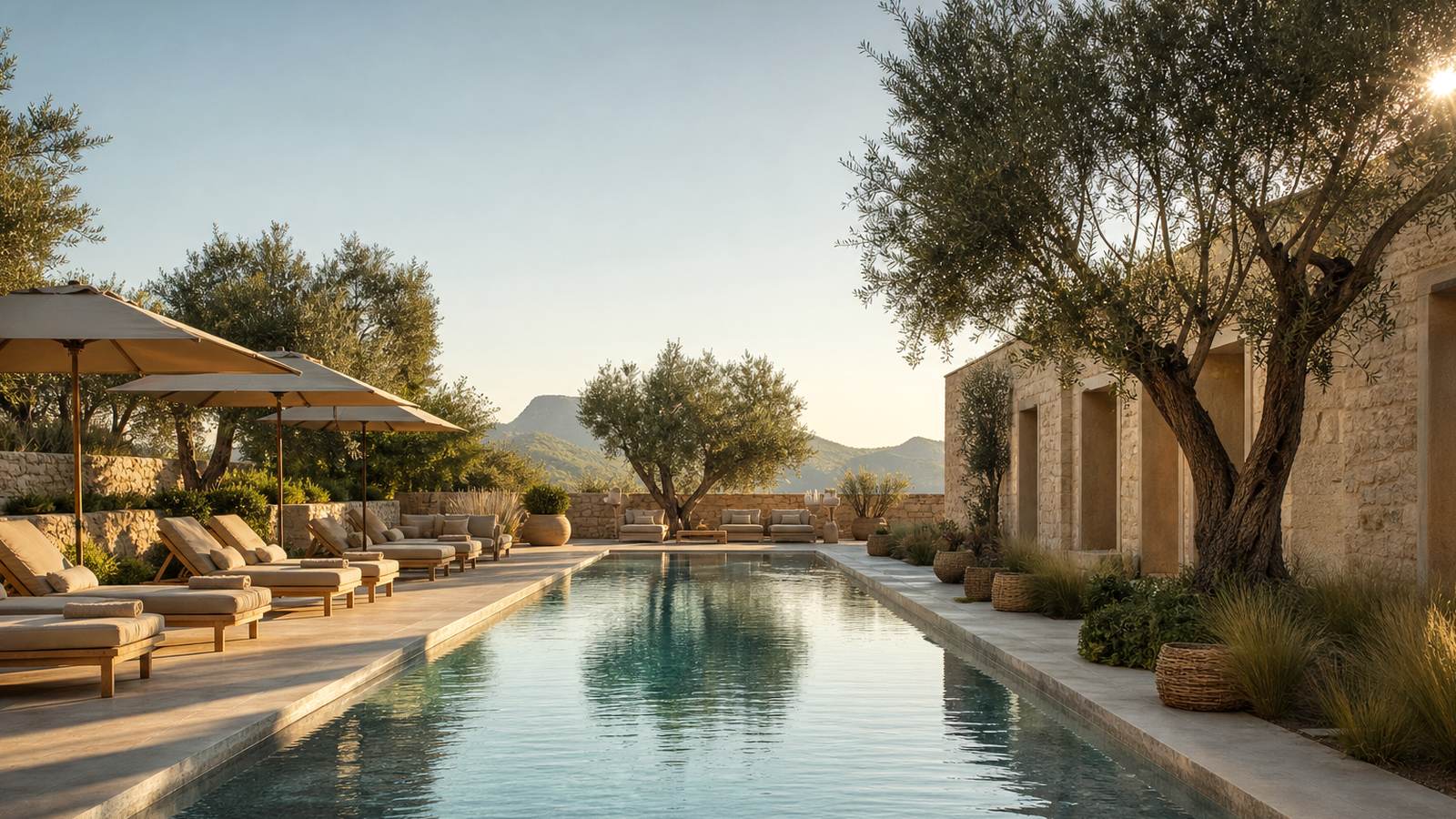 KI-generiertes Mallorca-Stimmungsbild eines mediterranen Hotel-Außenbereichs für den Hotelcheck des SON PALOU in Orient