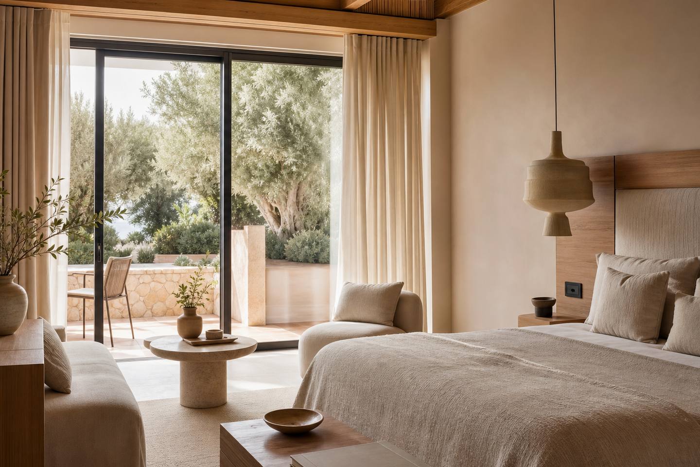 KI-generiertes redaktionelles Stimmungsbild eines mediterranen Hotelzimmers für den Hotelcheck des SON PALOU in Orient
