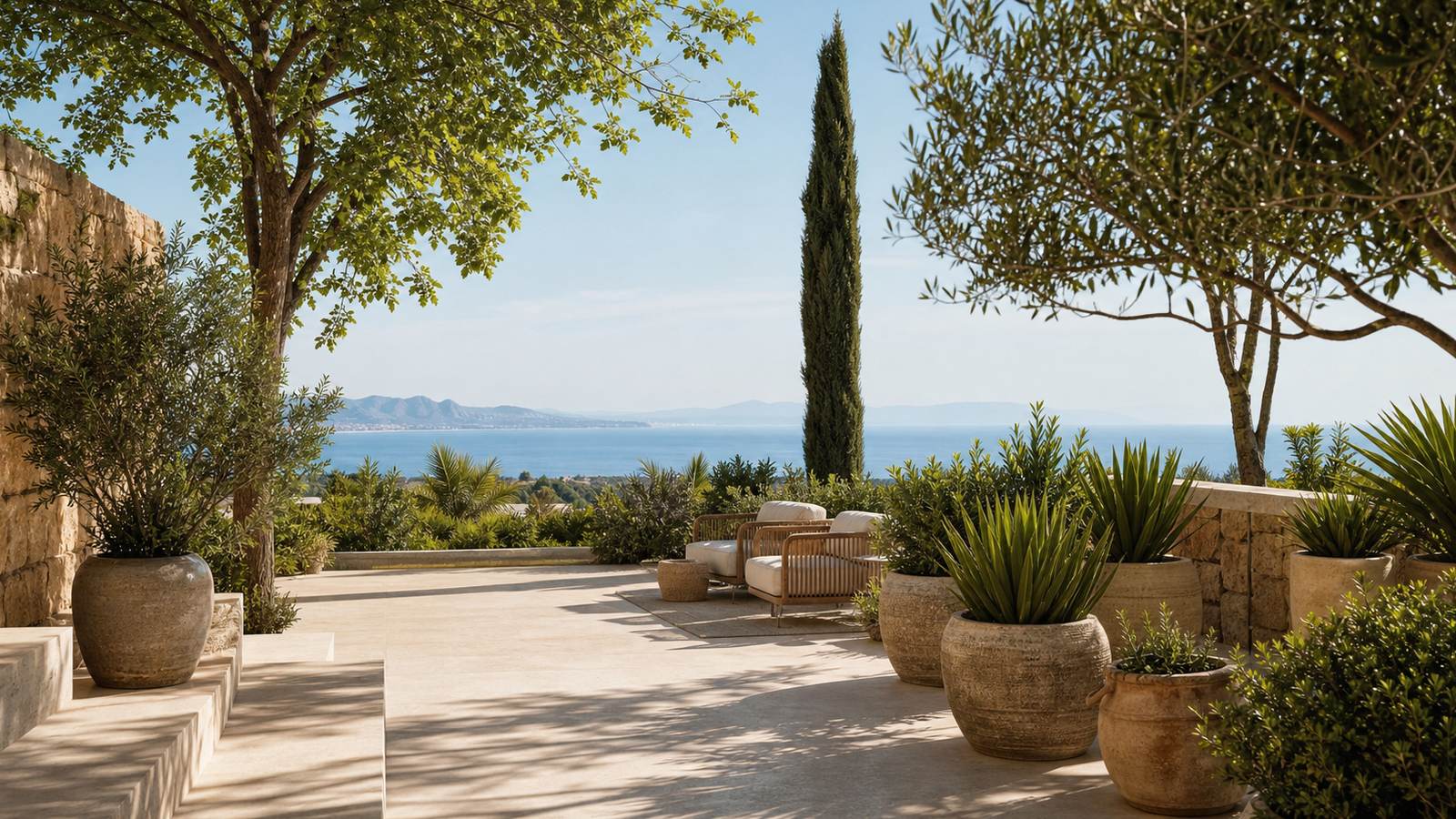 KI-generiertes Mallorca-Stimmungsbild eines mediterranen Hotel-Außenbereichs für den Hotelcheck des SON SABATER in Pobla (La)