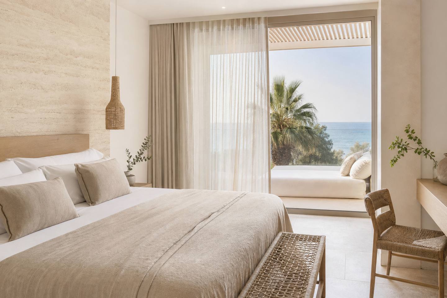 KI-generiertes redaktionelles Stimmungsbild eines mediterranen Hotelzimmers für den Hotelcheck des SON SABATER in Pobla (La)