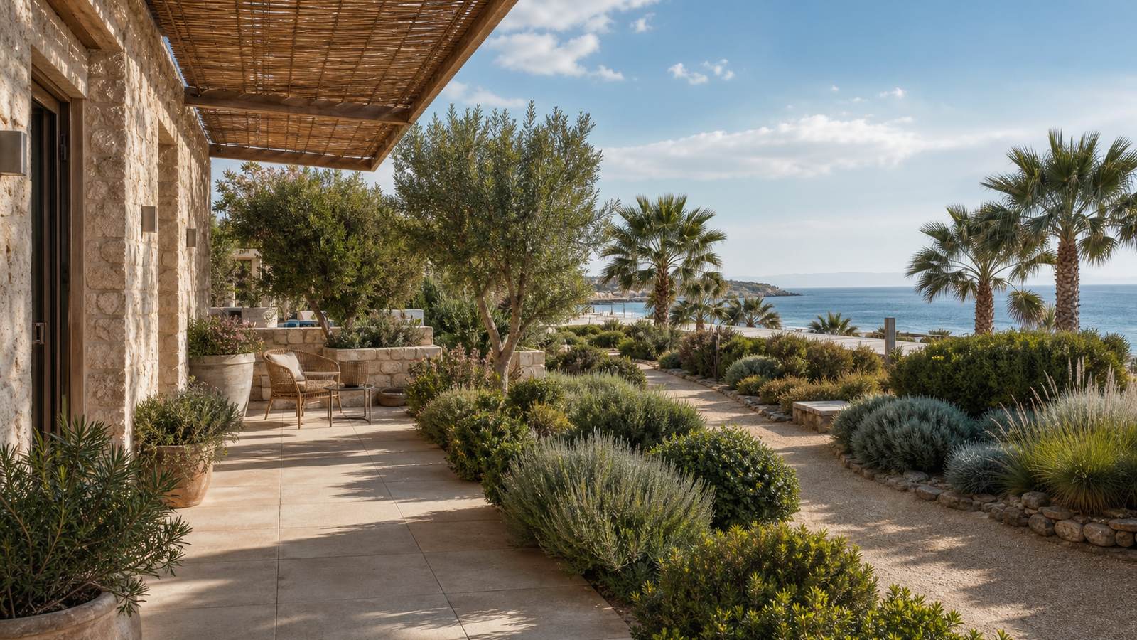 KI-generiertes Mallorca-Stimmungsbild eines mediterranen Hotel-Außenbereichs für den Hotelcheck des STIL PICAFORT PARK in Can Picafort