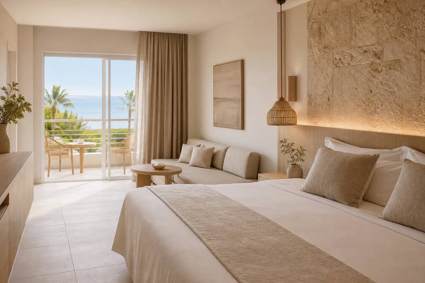 KI-generiertes redaktionelles Stimmungsbild eines mediterranen Hotelzimmers für den Hotelcheck des STIL PICAFORT PARK in Can Picafort