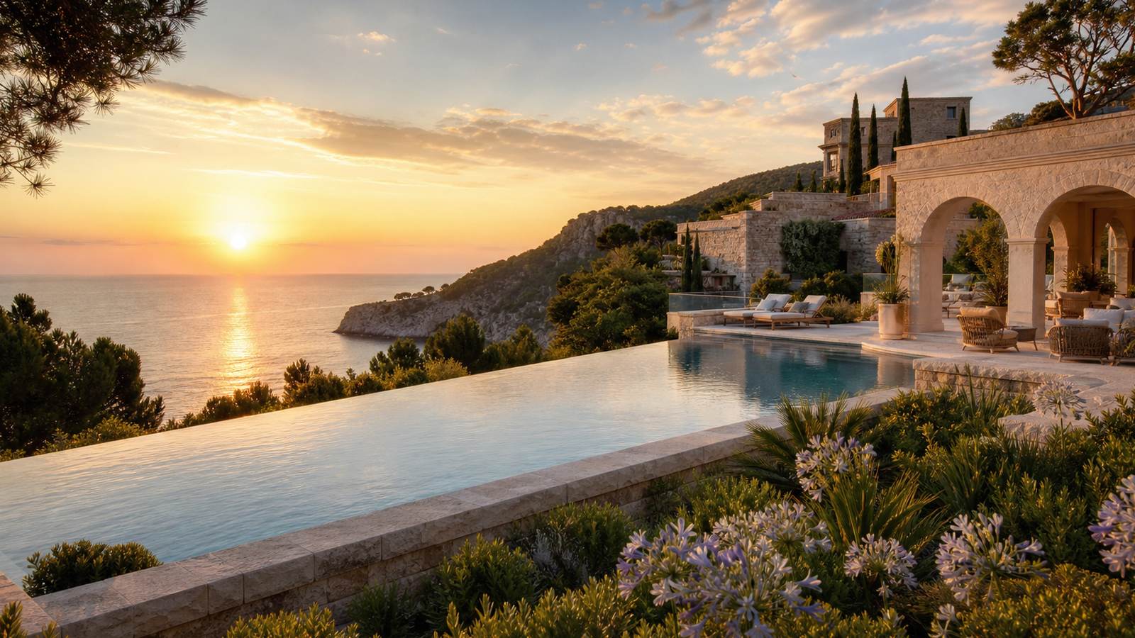 KI-generiertes Mallorca-Stimmungsbild eines mediterranen Hotel-Außenbereichs für den Hotelcheck des STIL PULA SUITES in Son Servera