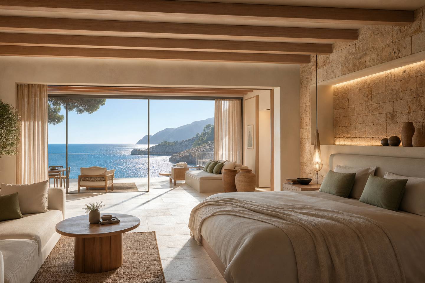 KI-generiertes redaktionelles Stimmungsbild eines mediterranen Hotelzimmers für den Hotelcheck des STIL PULA SUITES in Son Servera