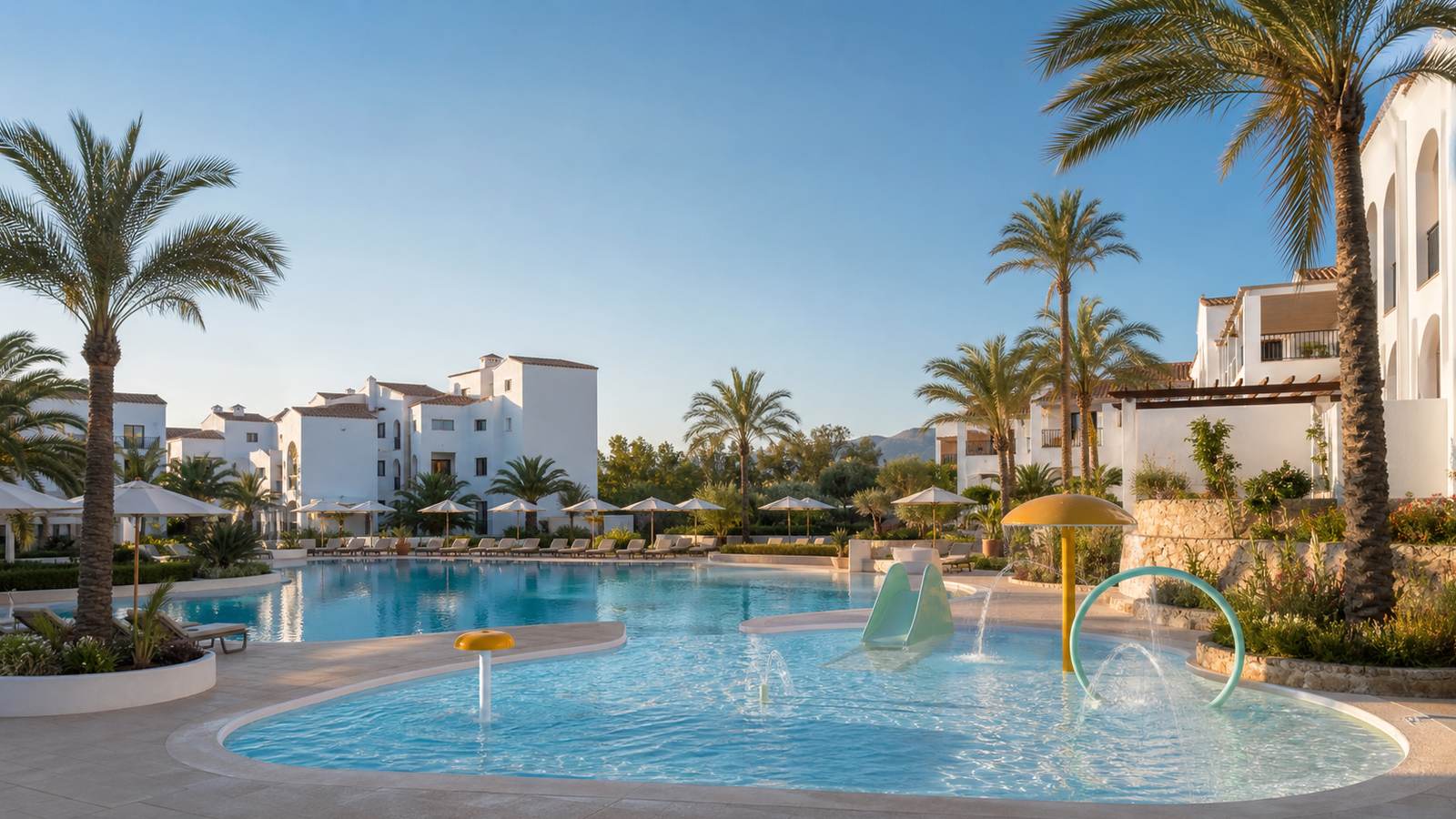 KI-generiertes Mallorca-Stimmungsbild eines mediterranen Hotel-Außenbereichs für den Hotelcheck des SUNPRIME WATERFRONT in Can Pastilla