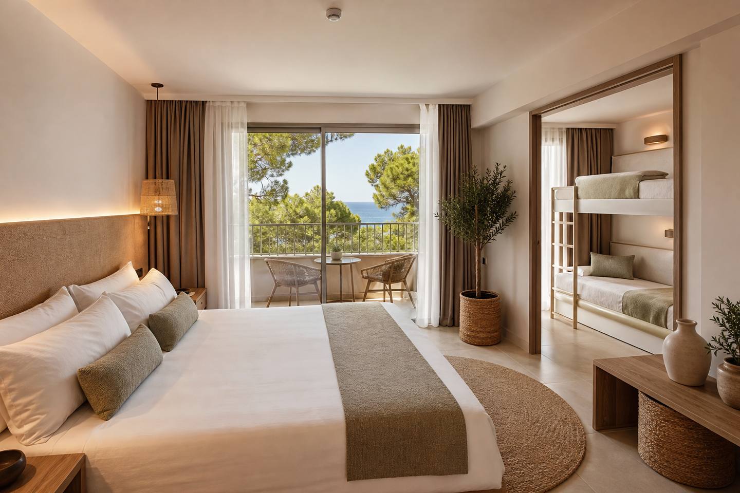 KI-generiertes redaktionelles Stimmungsbild eines mediterranen Hotelzimmers für den Hotelcheck des SUNPRIME WATERFRONT in Can Pastilla