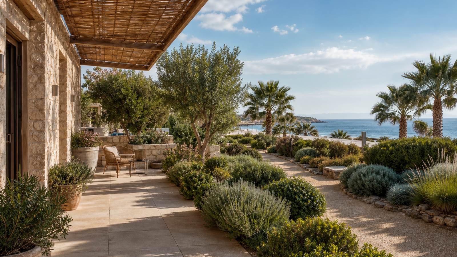 KI-generiertes Mallorca-Stimmungsbild eines mediterranen Hotel-Außenbereichs für den Hotelcheck des TAURUS PARK in Platja De Palma