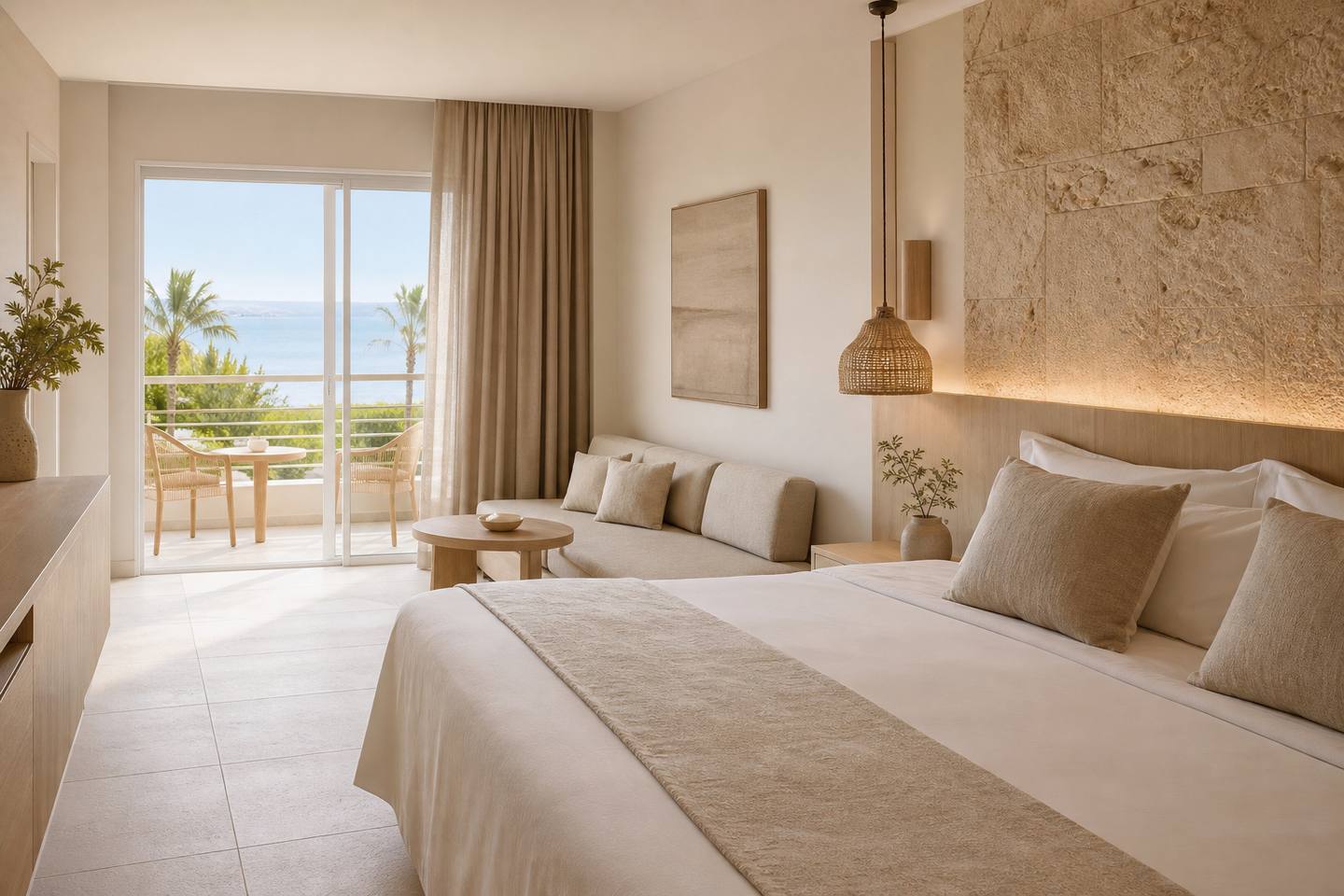 KI-generiertes redaktionelles Stimmungsbild eines mediterranen Hotelzimmers für den Hotelcheck des TAURUS PARK in Platja De Palma