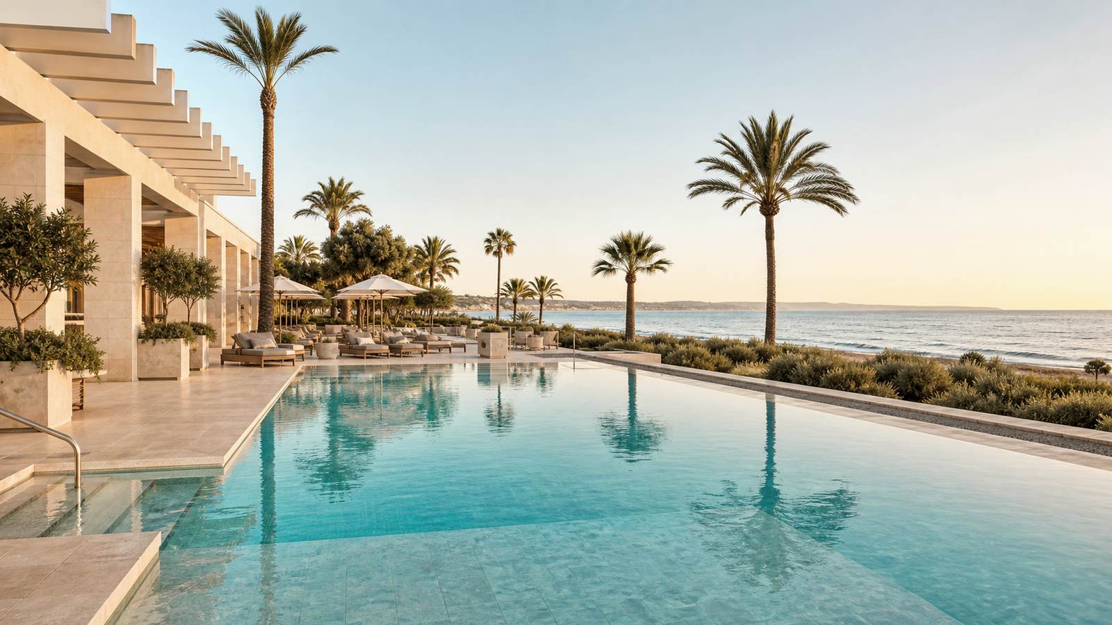 KI-generiertes Mallorca-Stimmungsbild eines mediterranen Hotel-Außenbereichs für den Hotelcheck des Tent Bahía de Palma in Arenal (L´)