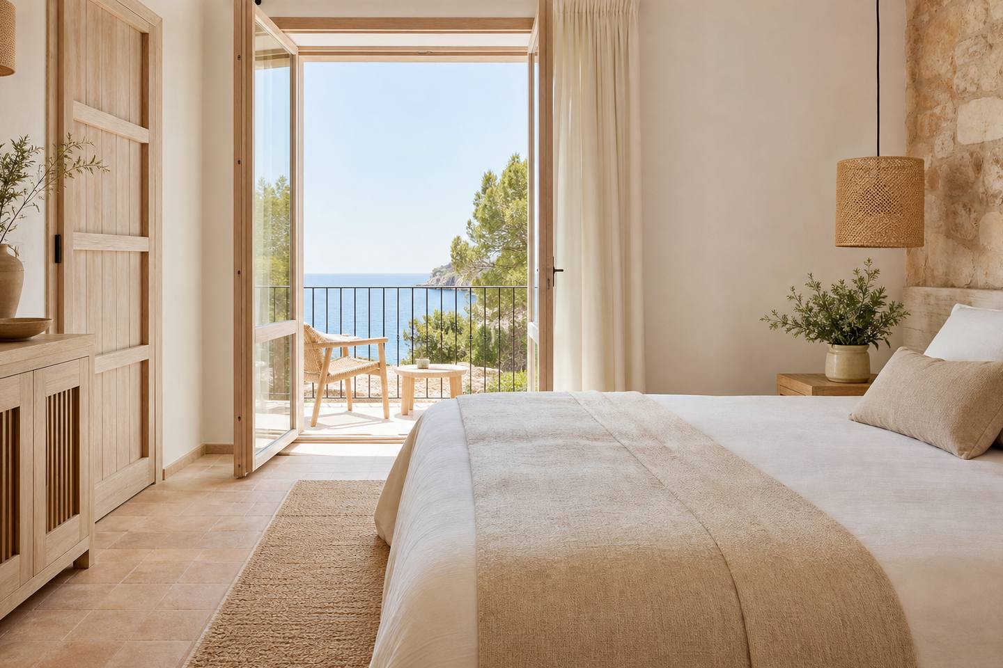 KI-generiertes redaktionelles Stimmungsbild eines mediterranen Hotelzimmers für den Hotelcheck des TENT CALVIA BEACH in Magaluf
