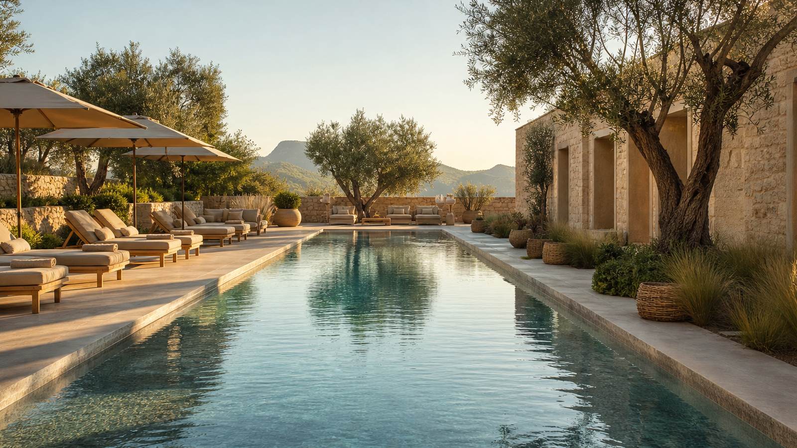 KI-generiertes Mallorca-Stimmungsbild eines mediterranen Hotel-Außenbereichs für den Hotelcheck des THE DONNA PORTALS in Portals Nous
