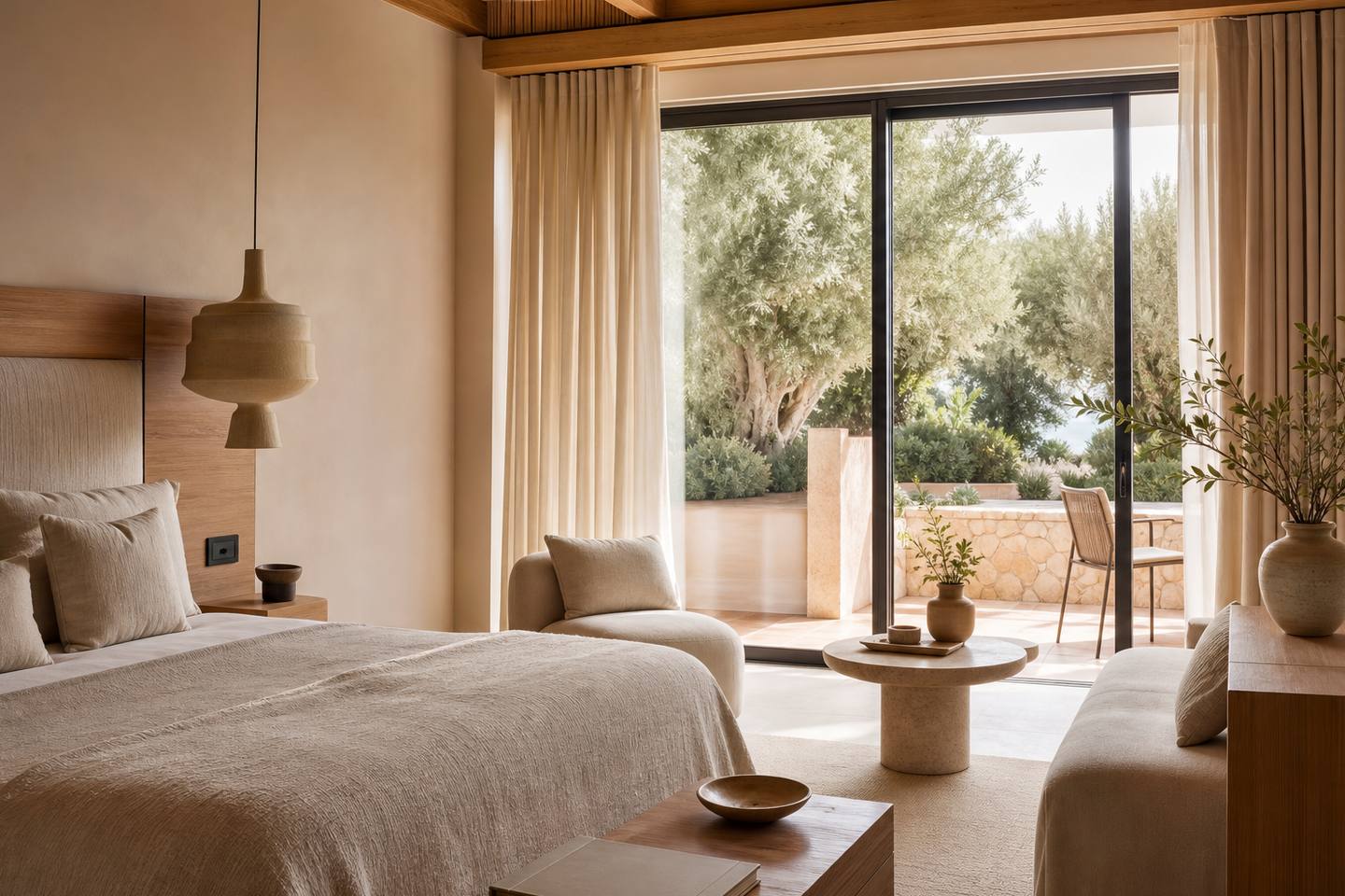 KI-generiertes redaktionelles Stimmungsbild eines mediterranen Hotelzimmers für den Hotelcheck des THE DONNA PORTALS in Portals Nous
