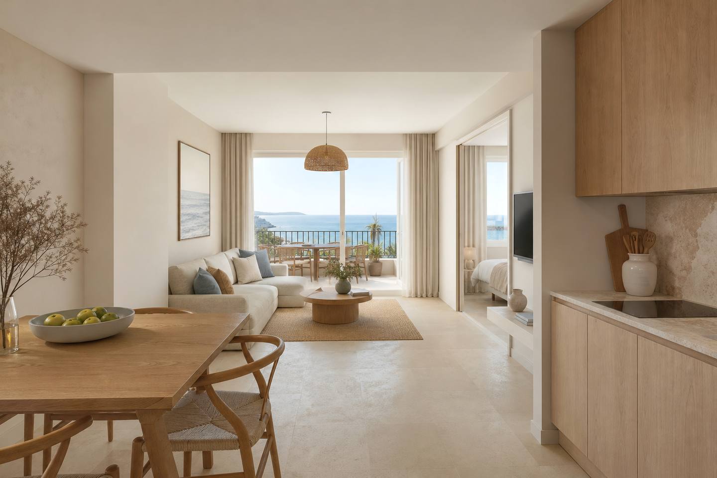 KI-generiertes redaktionelles Stimmungsbild eines mediterranen Hotelzimmers für den Hotelcheck des TONGA TOWER DESIGN HOTEL & SUITES in Can Picafort