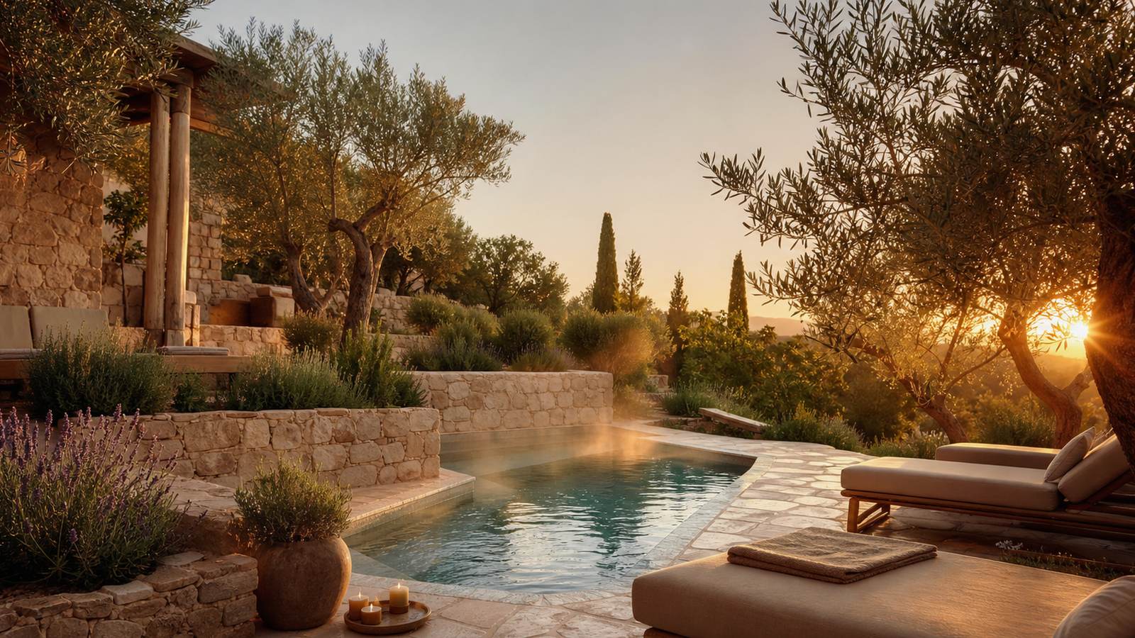 KI-generiertes Mallorca-Stimmungsbild eines mediterranen Hotel-Außenbereichs für den Hotelcheck des TRES PLAYAS in Colònia De Sant Jordi