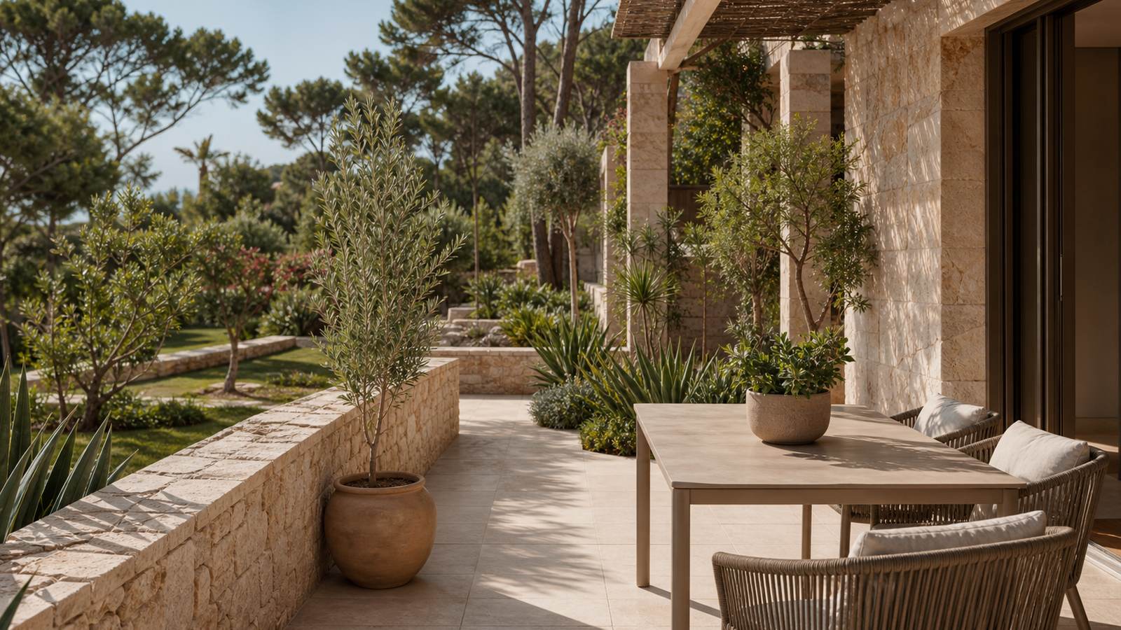 KI-generiertes Mallorca-Stimmungsbild eines mediterranen Hotel-Außenbereichs für den Hotelcheck des TRH JARDIN DEL MAR in Santa Ponça