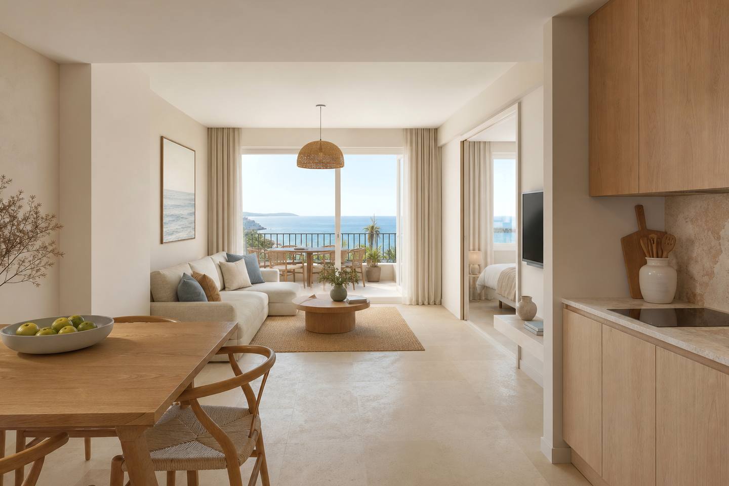 KI-generiertes redaktionelles Stimmungsbild eines mediterranen Hotelzimmers für den Hotelcheck des TRH JARDIN DEL MAR in Santa Ponça