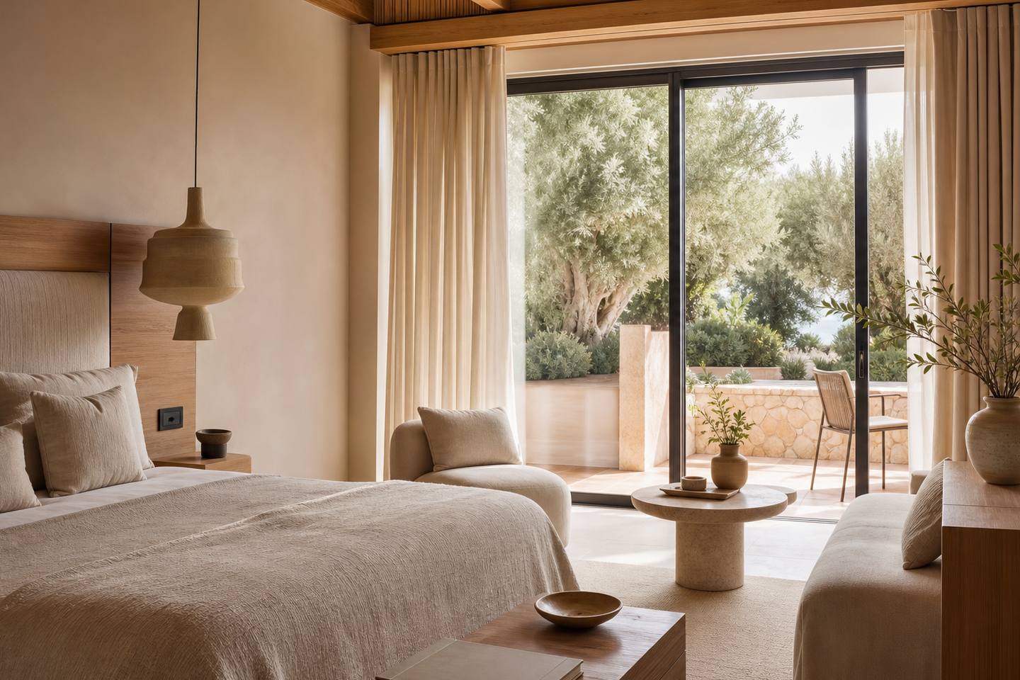 KI-generiertes redaktionelles Stimmungsbild eines mediterranen Hotelzimmers für den Hotelcheck des TROPICANA in Cala Millor