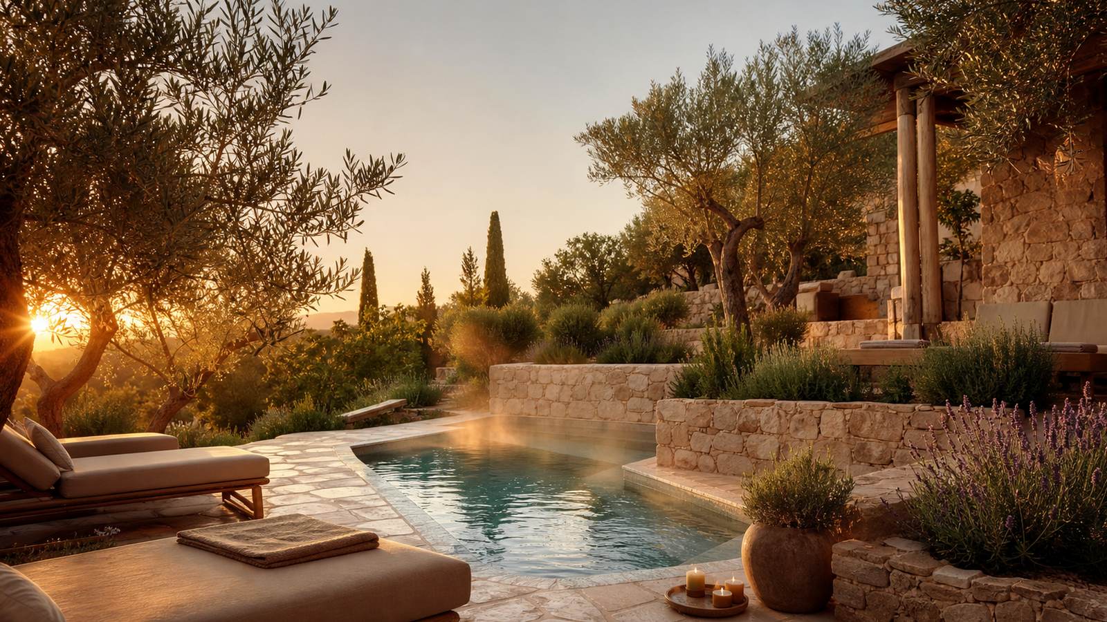 KI-generiertes Mallorca-Stimmungsbild eines mediterranen Hotel-Außenbereichs für den Hotelcheck des TUCAN in Cala D´Or