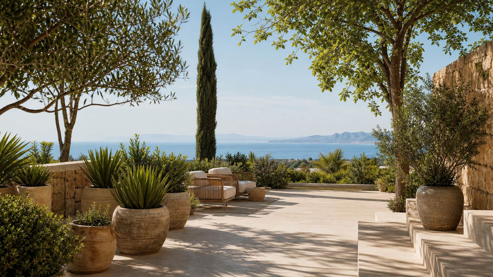 KI-generiertes Mallorca-Stimmungsbild eines mediterranen Hotel-Außenbereichs für den Hotelcheck des UYAL in Port De Pollença