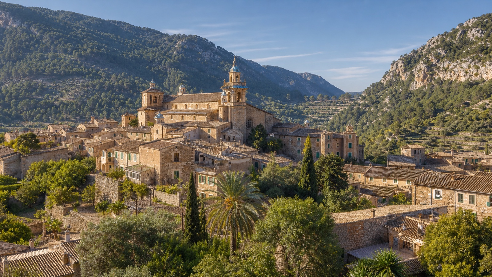 KI-generiertes Stimmungsbild von Valldemossa mit Natursteinhäusern, Kartause und Bergen der Serra de Tramuntana