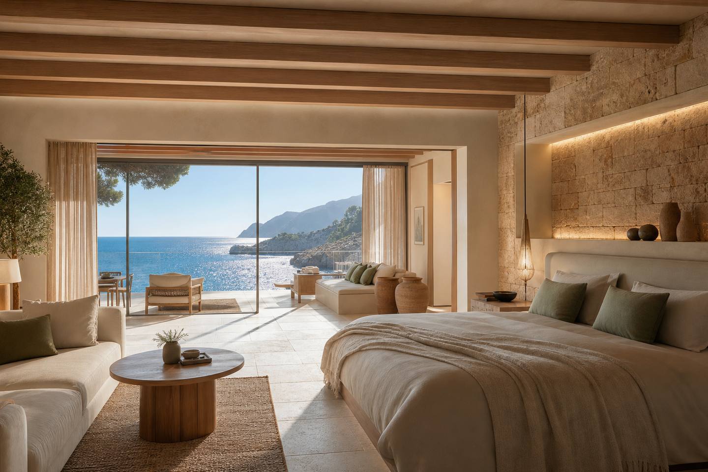KI-generiertes redaktionelles Stimmungsbild eines mediterranen Hotelzimmers für den Hotelcheck des VALPARAISO PALACE & SPA in Palma
