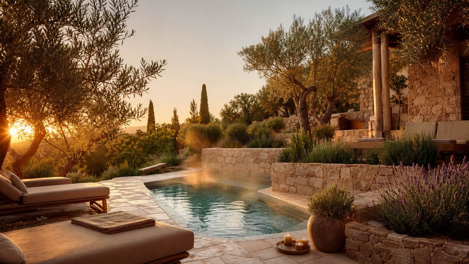 KI-generiertes Mallorca-Stimmungsbild eines mediterranen Hotel-Außenbereichs für den Hotelcheck des VILA NOVA SUITES & SPA in Capdepera
