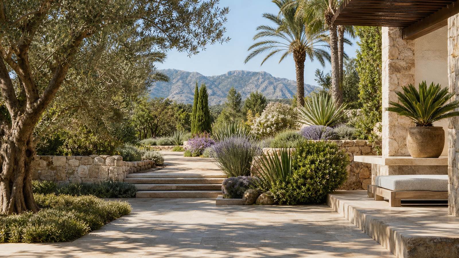 KI-generiertes Mallorca-Stimmungsbild eines mediterranen Hotel-Außenbereichs für den Hotelcheck des VILLA CHIQUITA in Colònia De Sant Jordi