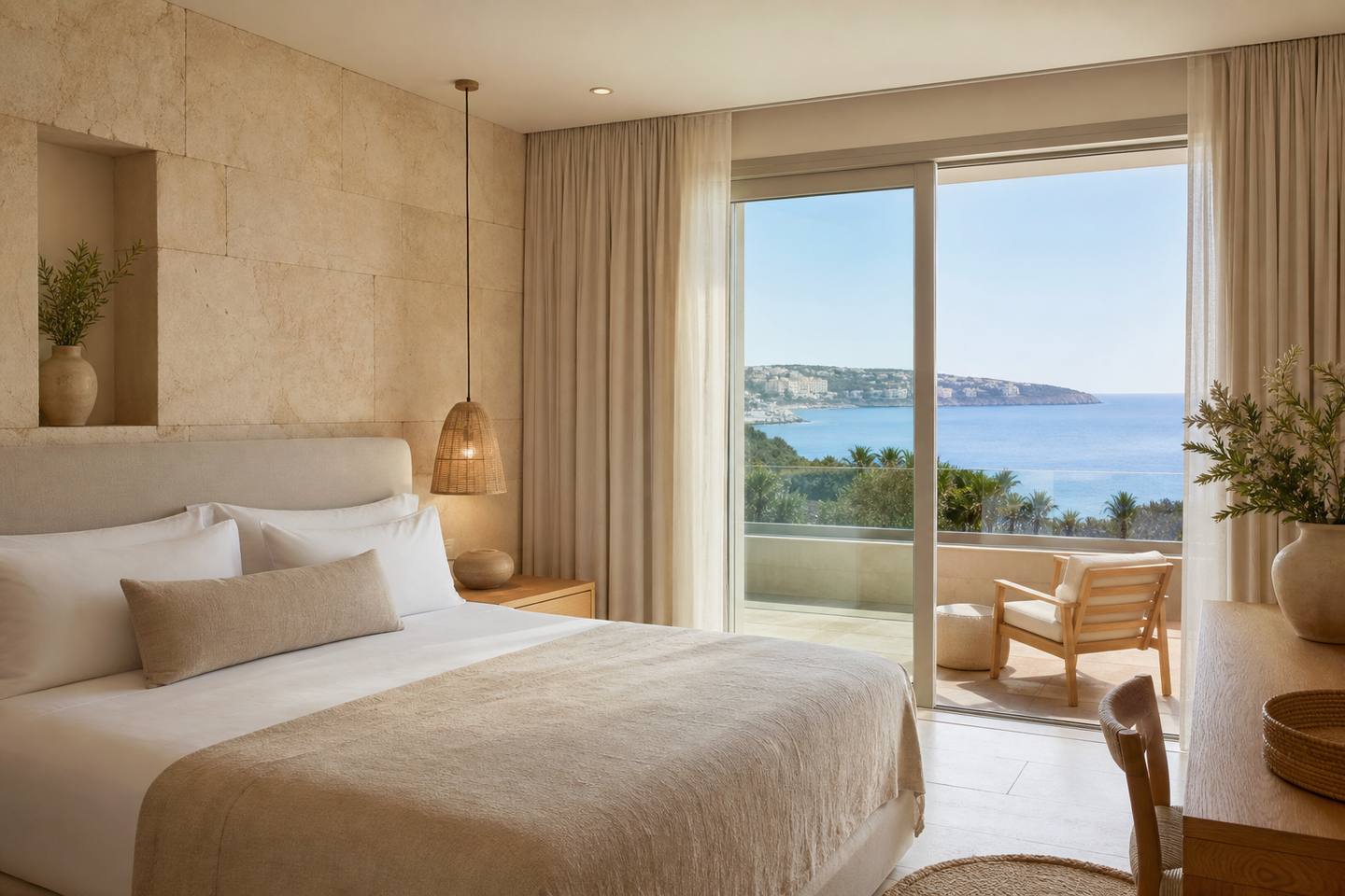 KI-generiertes redaktionelles Stimmungsbild eines mediterranen Hotelzimmers für den Hotelcheck des VILLA CHIQUITA in Colònia De Sant Jordi