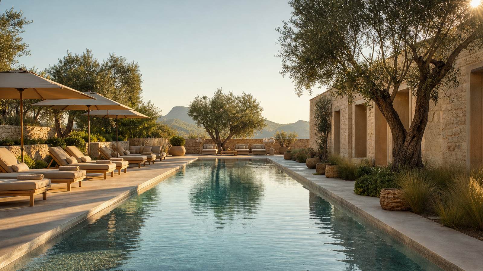 KI-generiertes Mallorca-Stimmungsbild eines mediterranen Hotel-Außenbereichs für den Hotelcheck des VILLAS BONSOL in Cas Català-Illetes