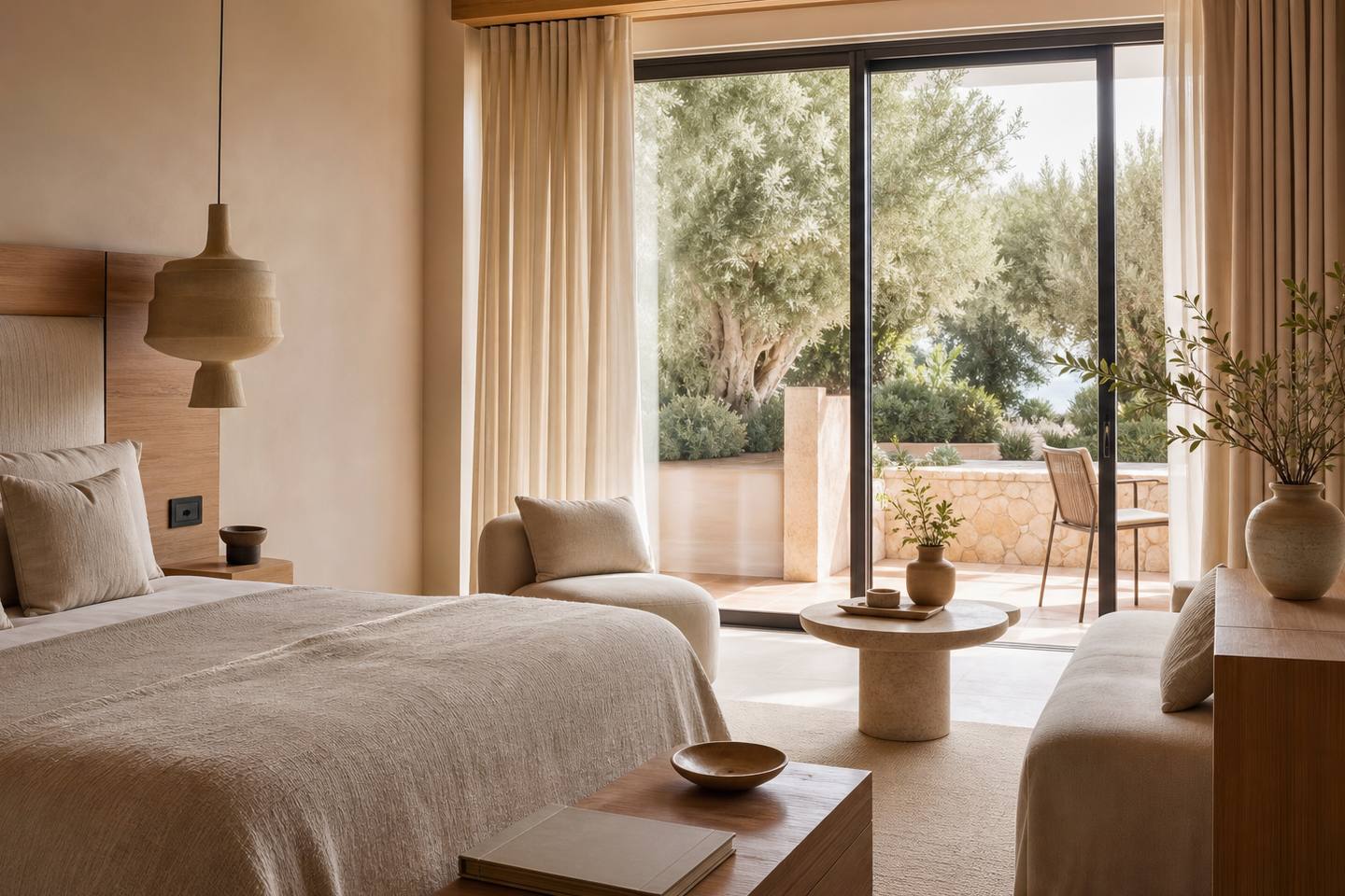 KI-generiertes redaktionelles Stimmungsbild eines mediterranen Hotelzimmers für den Hotelcheck des VILLAS BONSOL in Cas Català-Illetes