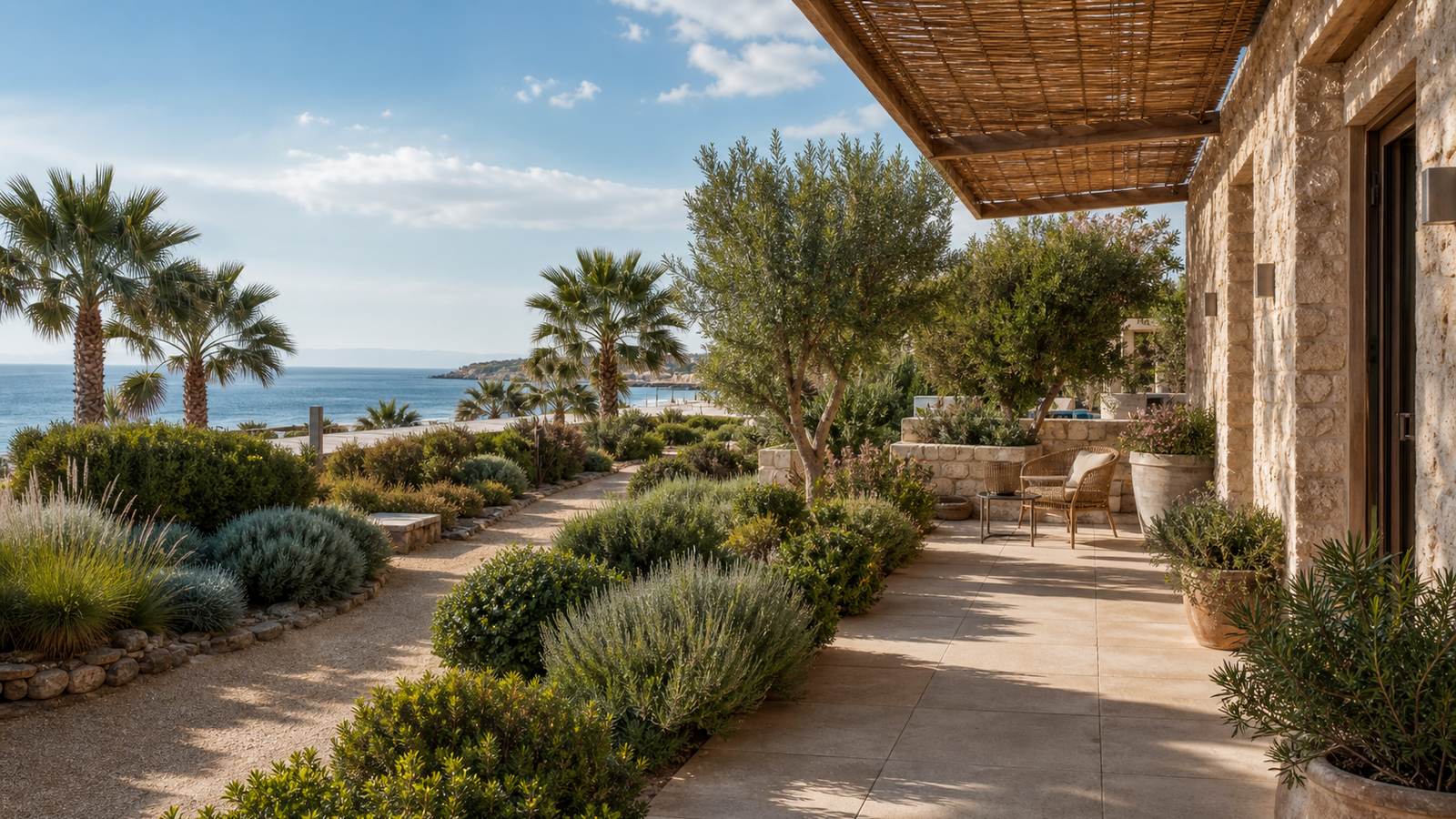 KI-generiertes Mallorca-Stimmungsbild eines mediterranen Hotel-Außenbereichs für den Hotelcheck des VISTA SOL in Magaluf