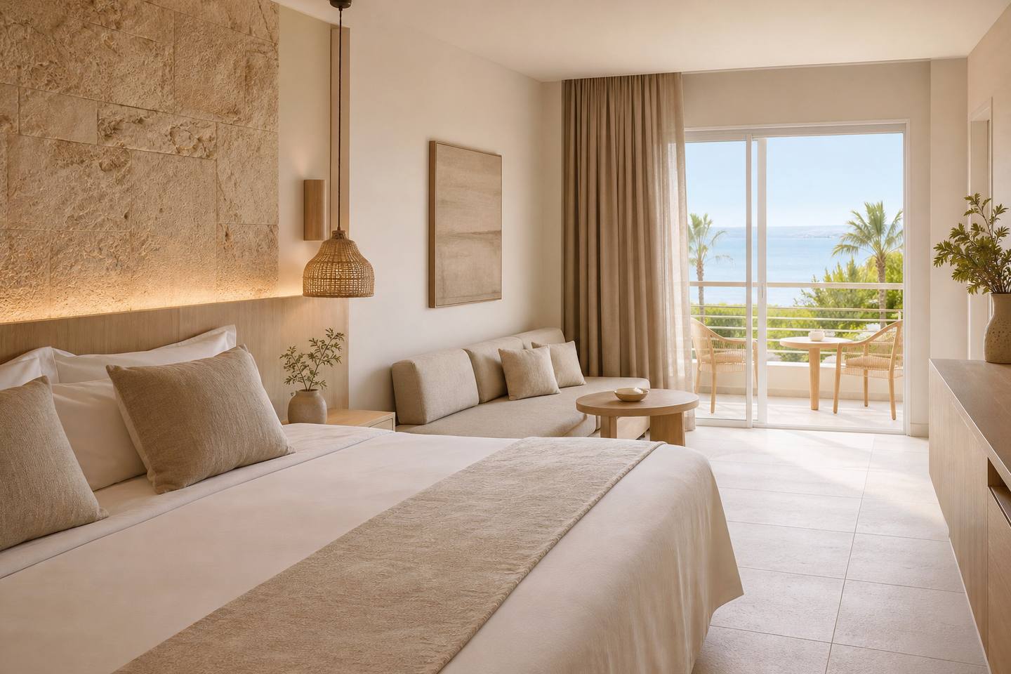 KI-generiertes redaktionelles Stimmungsbild eines mediterranen Hotelzimmers für den Hotelcheck des VISTA SOL in Magaluf