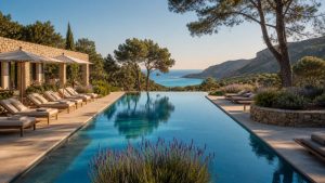 KI-generiertes Stimmungsbild eines ruhigen Adults-Only-Pools zwischen Pinien mit Blick auf Mallorcas Küste für das VIVA Cala Mesquida Suites & Spa