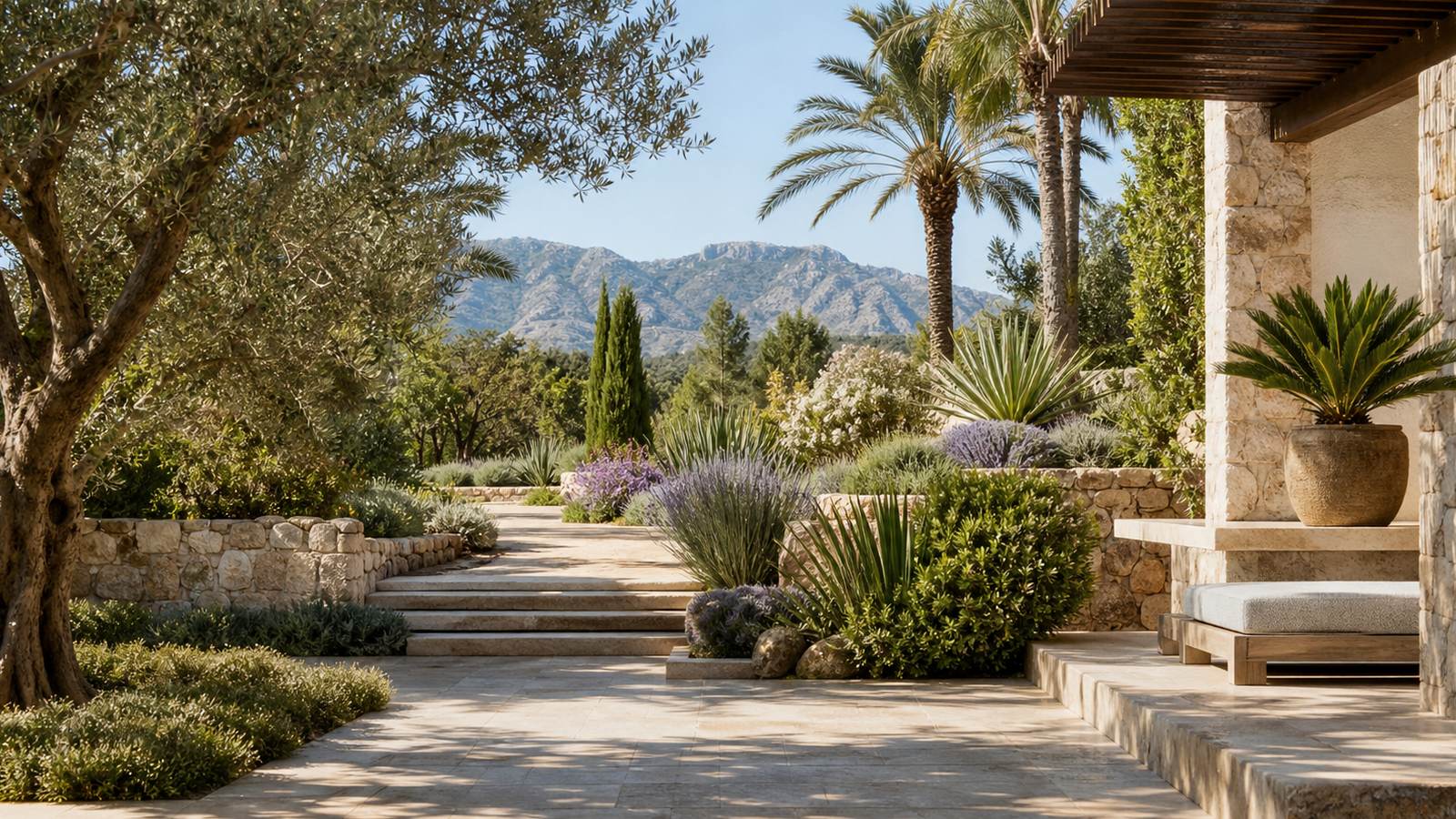 KI-generiertes Mallorca-Stimmungsbild eines mediterranen Hotel-Außenbereichs für den Hotelcheck des Viva Suites & Spa Hotel Adults Only 16+ in Cala Mesquida
