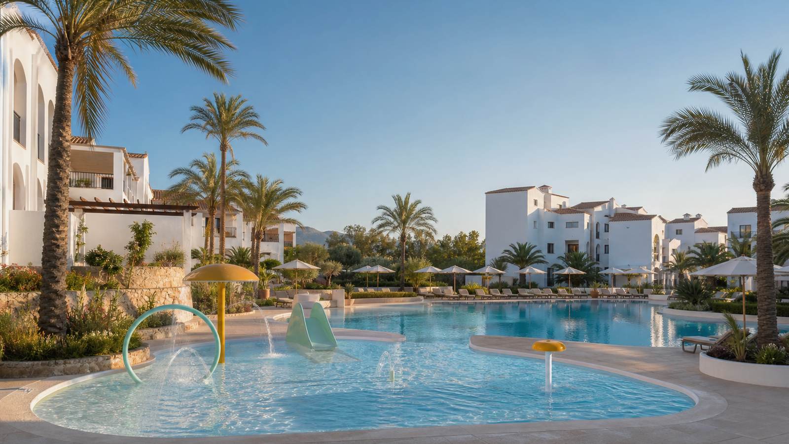 KI-generiertes Mallorca-Stimmungsbild eines mediterranen Hotel-Außenbereichs für den Hotelcheck des WHALA!BEACH SOLIMAR in Arenal (L´)