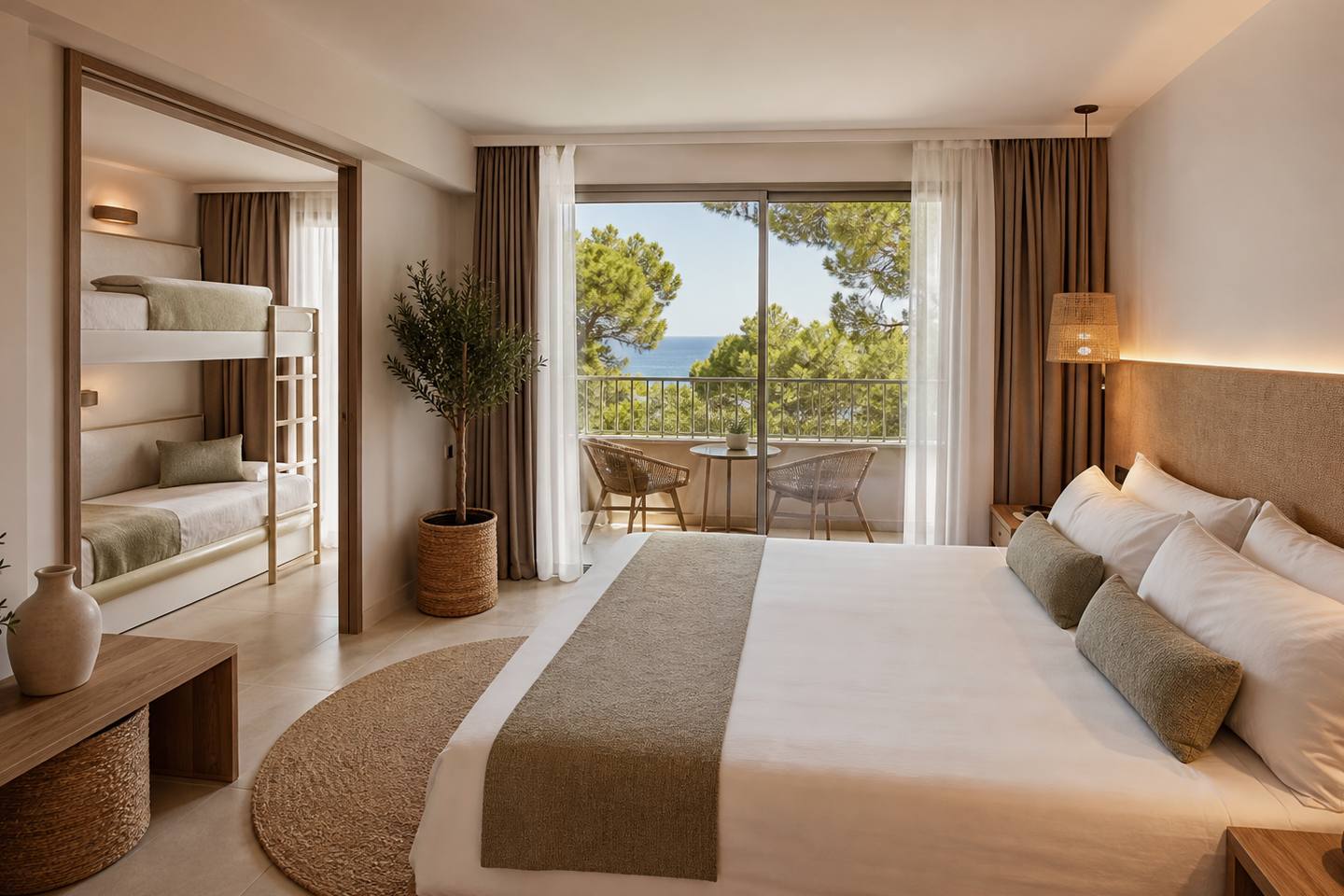 KI-generiertes redaktionelles Stimmungsbild eines mediterranen Hotelzimmers für den Hotelcheck des WHALA!BEACH SOLIMAR in Arenal (L´)