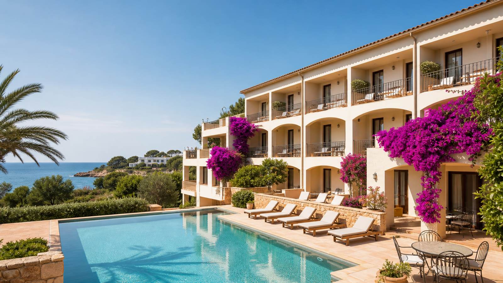 KI-generiertes Mallorca-Stimmungsbild eines mediterranen Hotel-Außenbereichs für den Hotelcheck des ZAFIRO BAHIA in Platja De Muro