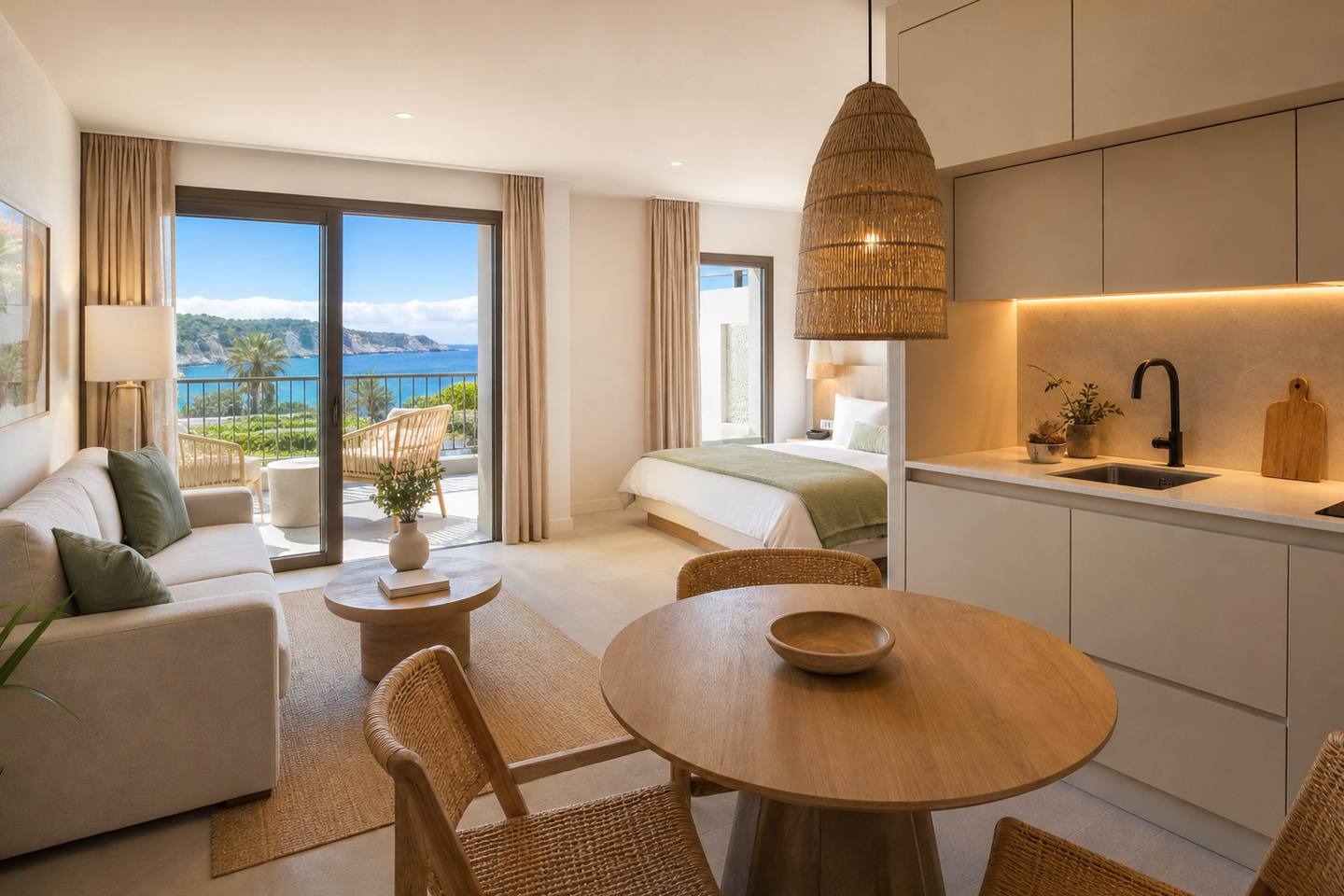 KI-generiertes redaktionelles Stimmungsbild eines mediterranen Hotelzimmers für den Hotelcheck des ZAFIRO BAHIA in Platja De Muro
