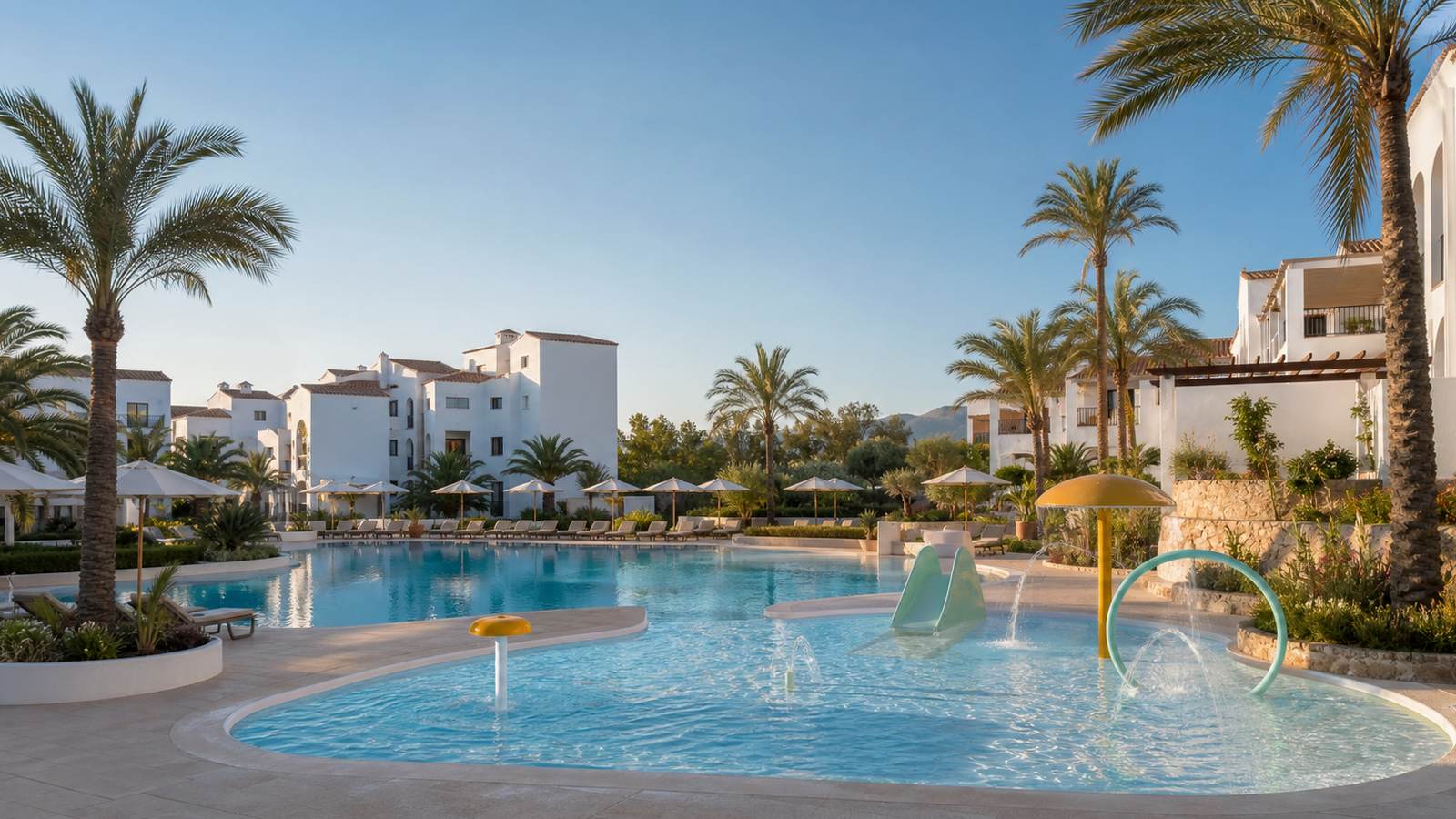 KI-generiertes Mallorca-Stimmungsbild eines mediterranen Hotel-Außenbereichs für den Hotelcheck des ZAFIRO CALA MESQUIDA PARK in Cala Mesquida