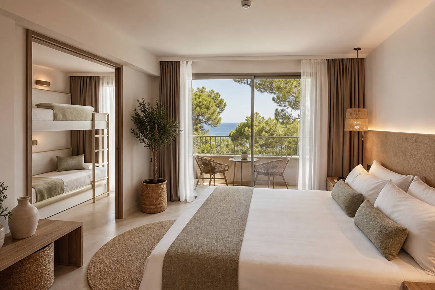KI-generiertes redaktionelles Stimmungsbild eines mediterranen Hotelzimmers für den Hotelcheck des ZAFIRO CALA MESQUIDA PARK in Cala Mesquida