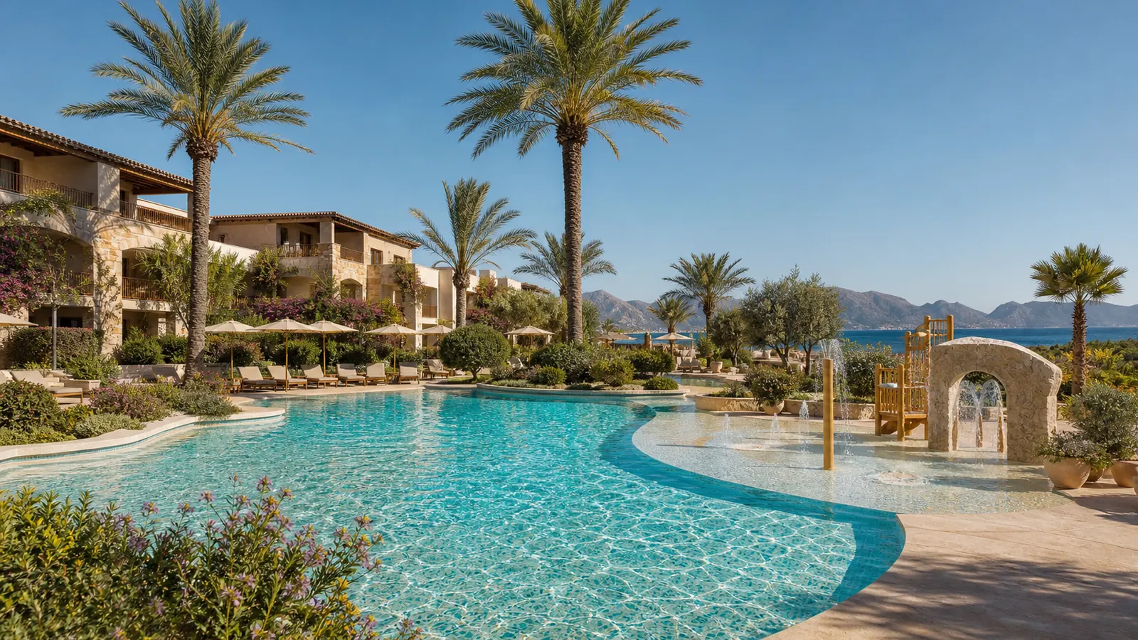 KI-generierte mediterrane Familienresort-Poollandschaft auf Mallorca