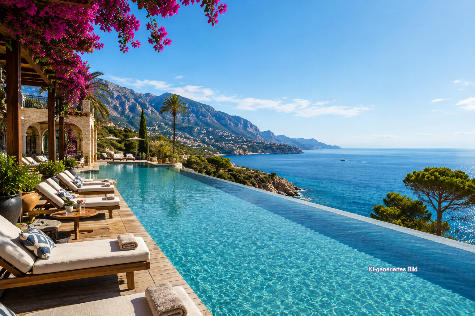 KI-generiertes Bild: Hotel mit Pool und mediterranem Ambiente auf Mallorca