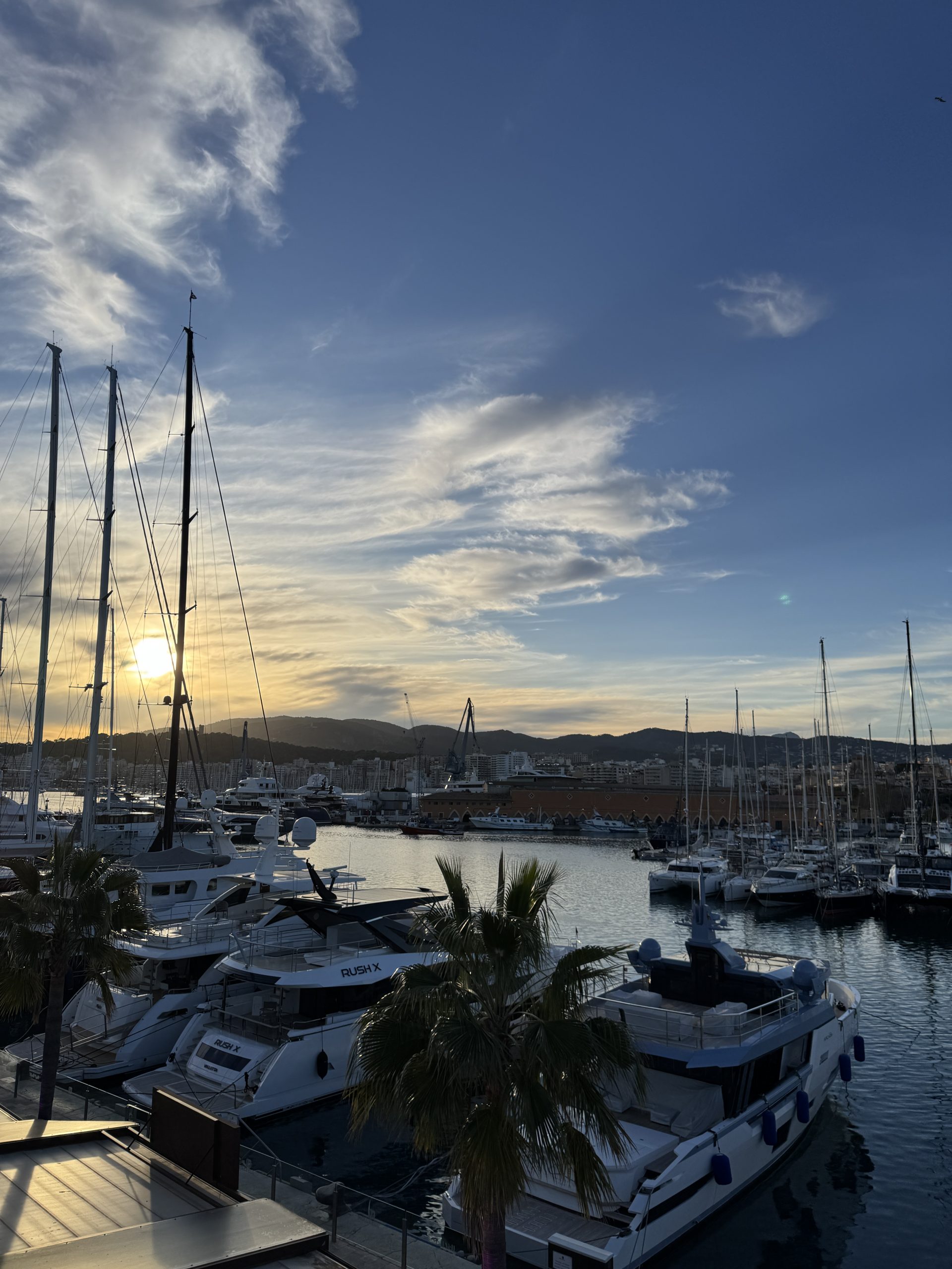 Masten im Yachthafen bei Sonnenuntergang