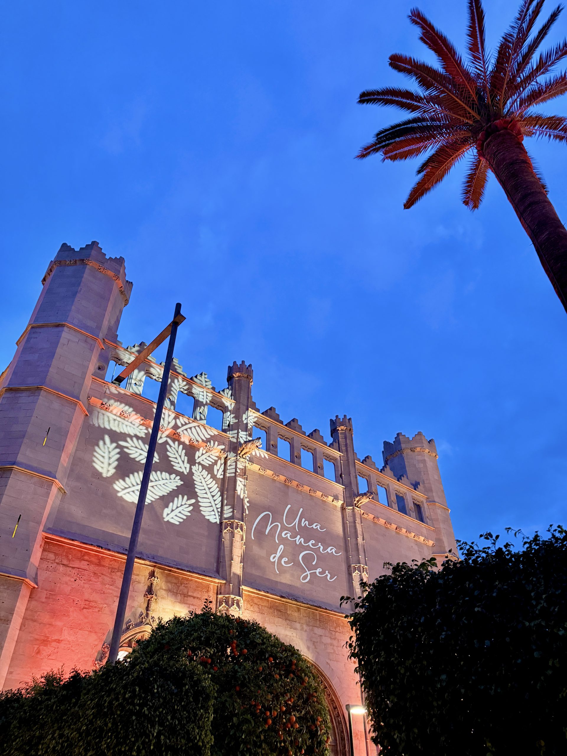 Beleuchtete historische Fassade am Abend in Palma