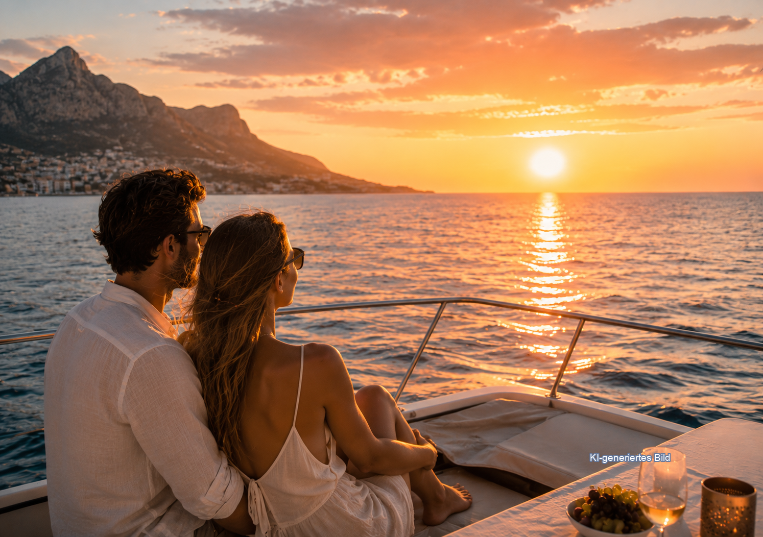 KI-generiertes Bild: Sonnenuntergangs Bootsfahrt auf Mallorca