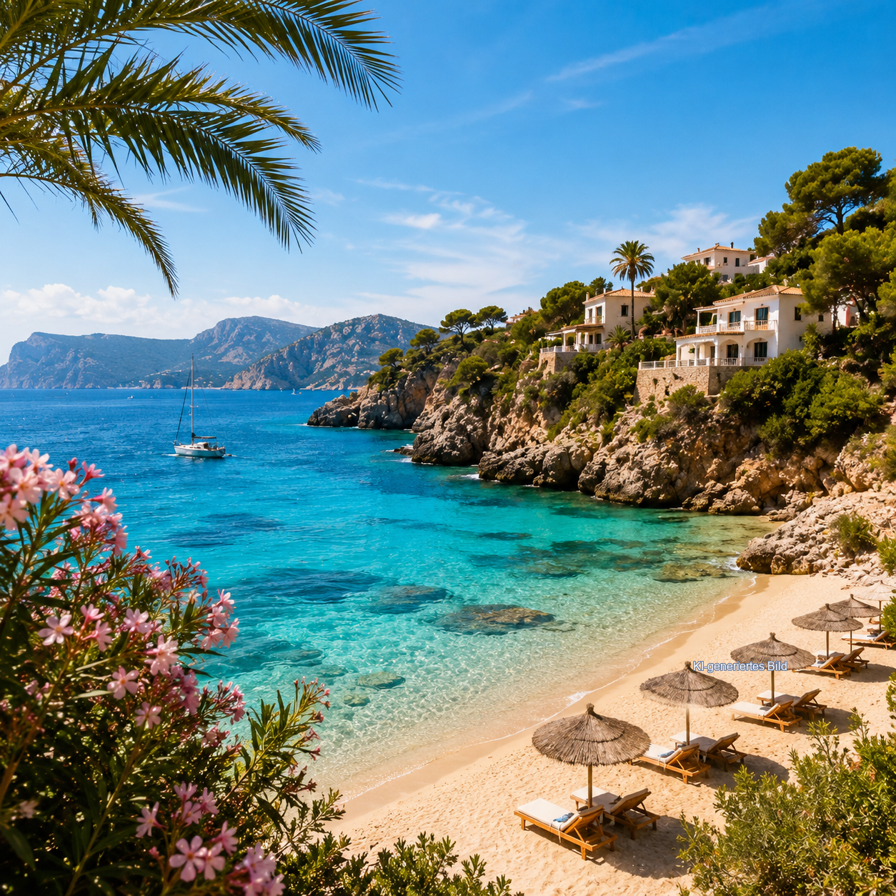 KI-generiertes Bild: Mallorca mit Strand, Meer und mediterraner Landschaft