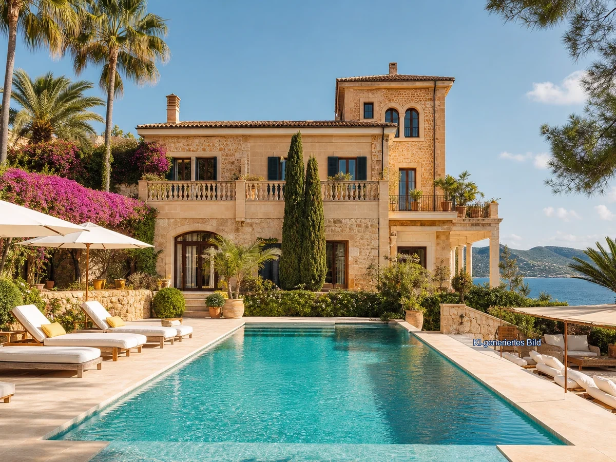 KI-generiertes Bild: Mallorca-Hotel mit Pool und mediterranem Ambiente