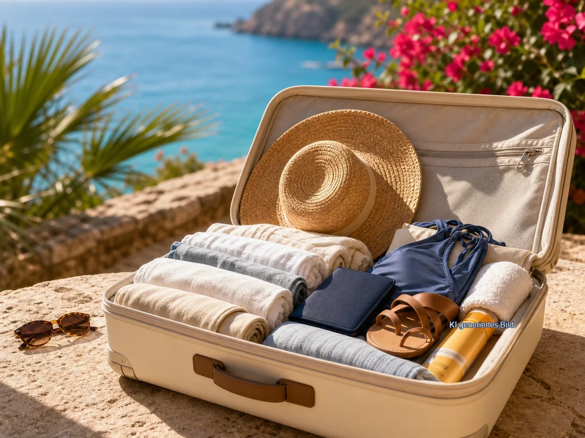KI-generiertes Bild: Mallorca-Packliste mit gepacktem Reisekoffer