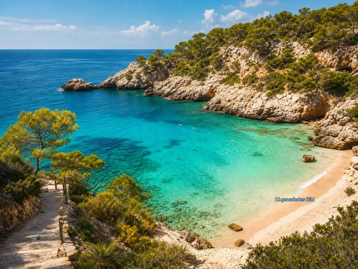 KI-generiertes Bild: Türkisfarbene Bucht auf Mallorca für den Strandfinder